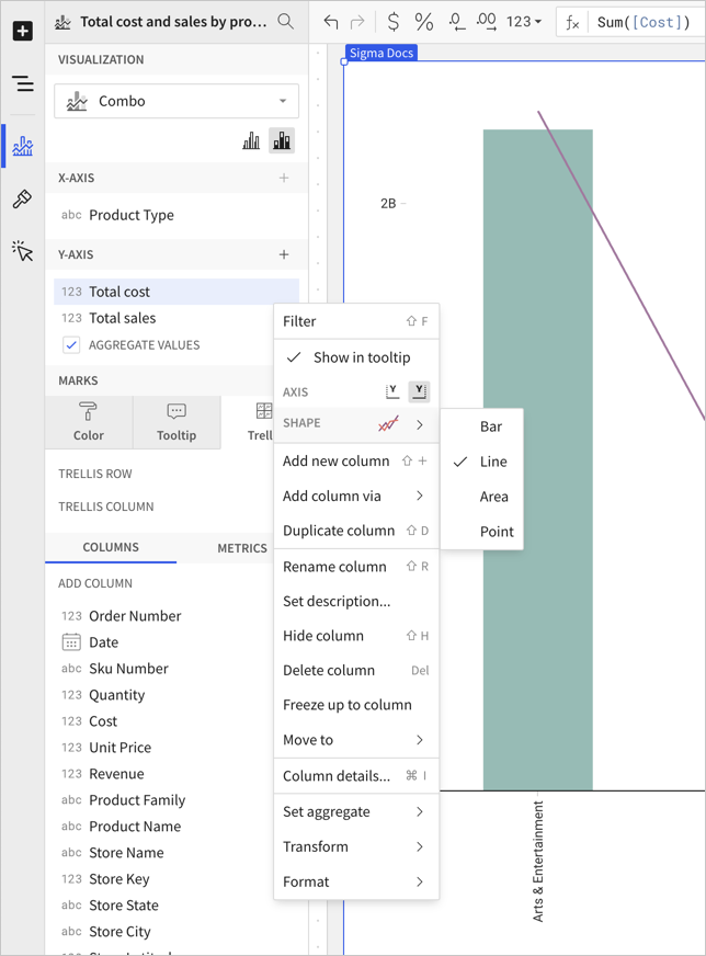 Column details menu as described with shape option open to show options of bar, line, area, or point.