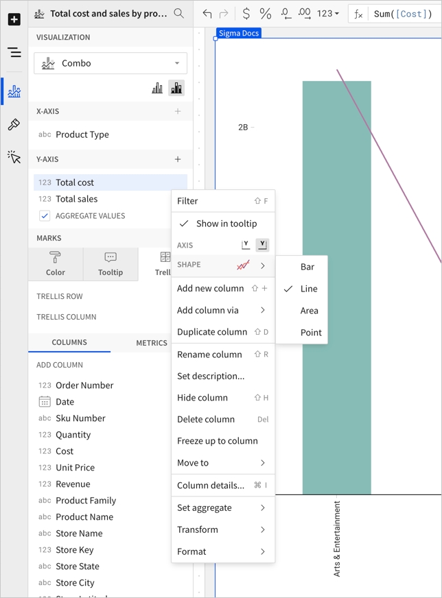 Column details menu as described with shape option open to show options of bar, line, area, or point.