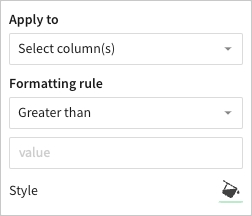 Formatting rule options, for example, to apply conditional formatting to select columns (with a drop-down menu to adjust this), a formatting rule to specify Greater than a constant value that you can enter, and a style option to specify the color of the chart option. The greater than option is configurable.